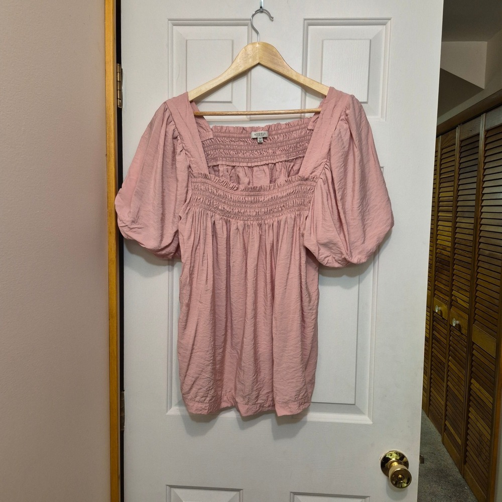 Angels Forever Young Pink Smocked Square Neck Puff Sleeve Blouse Plus Size 2X